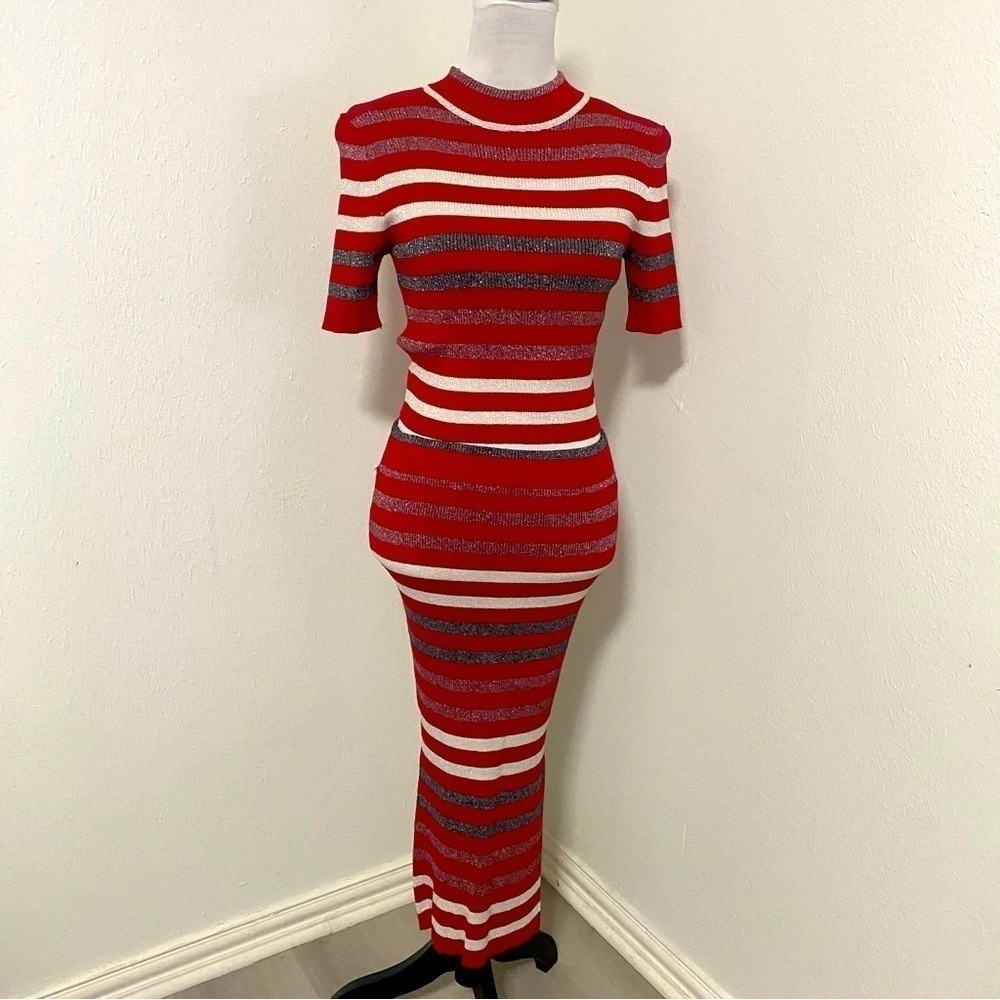 Say What 2 Piece Top & Skirt Set Red Black White Stripe Glitter Large Fits Small